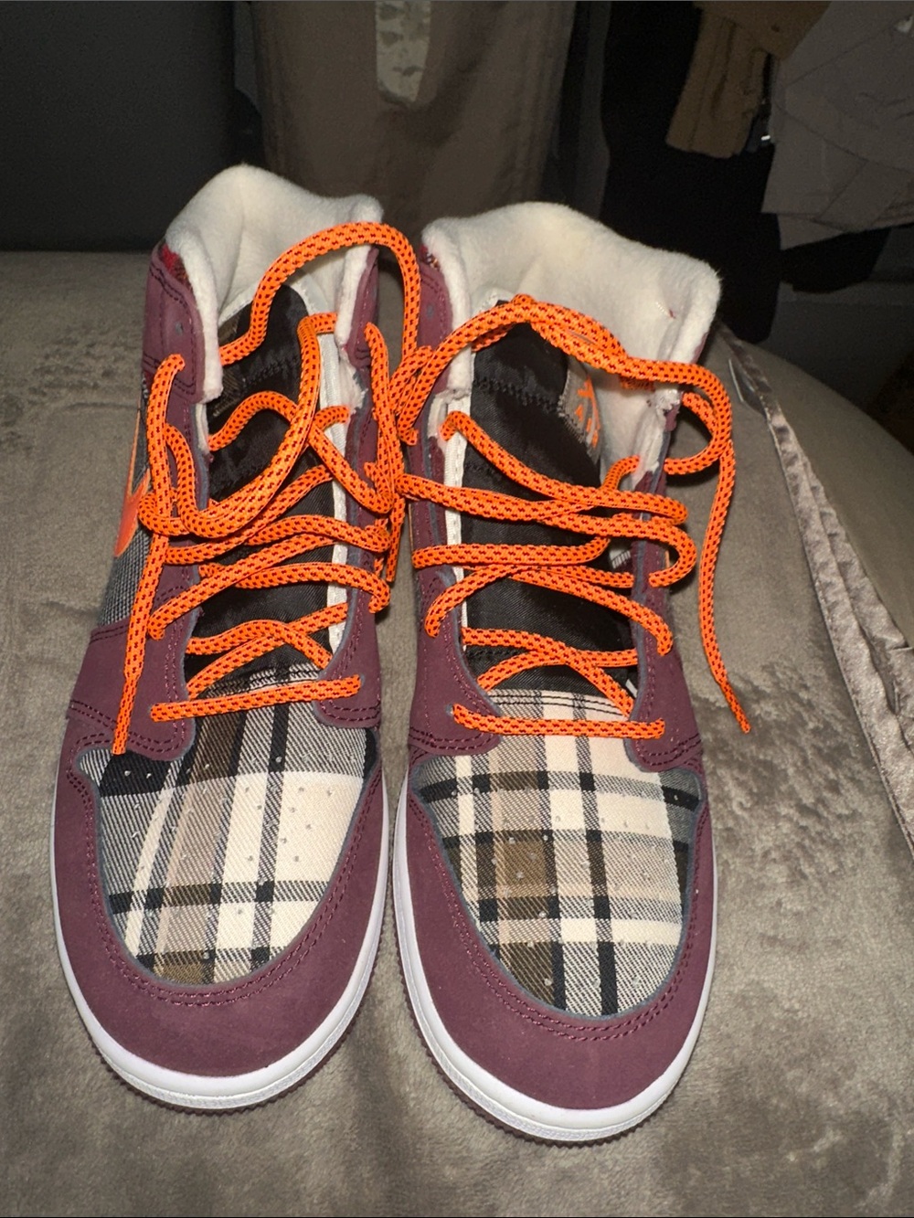Jordan Kids Sneakers Burgundy Plaid with Orange Laces